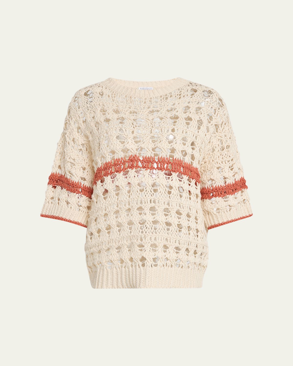 Brunello Cucinelli Stripe Cotton-Jute Open Knit Short-Sleeve Sweater | Thumbnail 6 Brunello Cucinelli Stripe Cotton-Jute Open Knit Short-Sleeve Sweater | Thumbnail 6