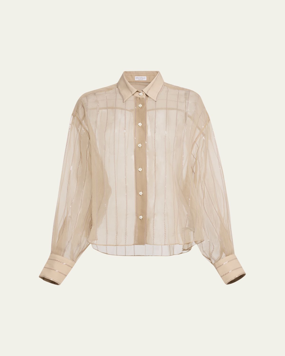 Brunello Cucinelli Striped Paillette Crispy Silk Chiffon Button-Down Blouse