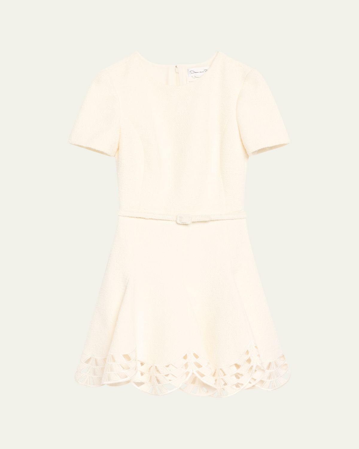 Oscar de la Renta Short-Sleeve Cutout-Hem Tweed Mini Dress With Belt