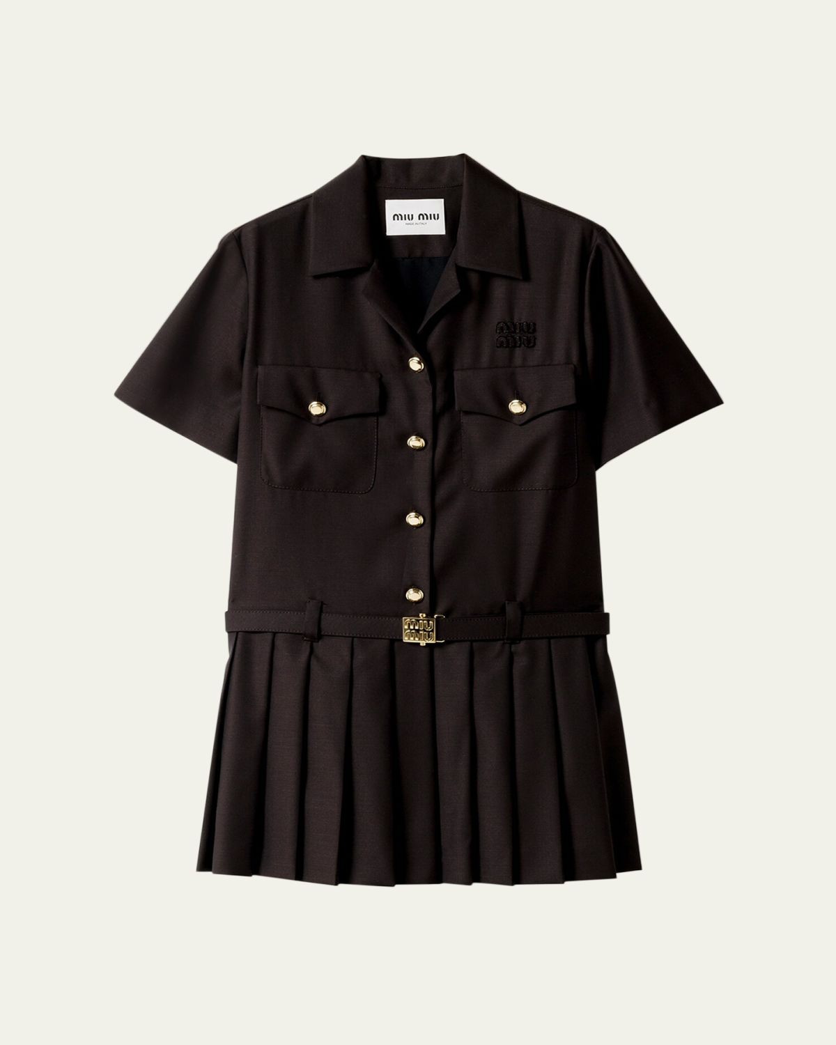 Miu Miu Short-Sleeve Pleated Mini Shirtdress With Belt