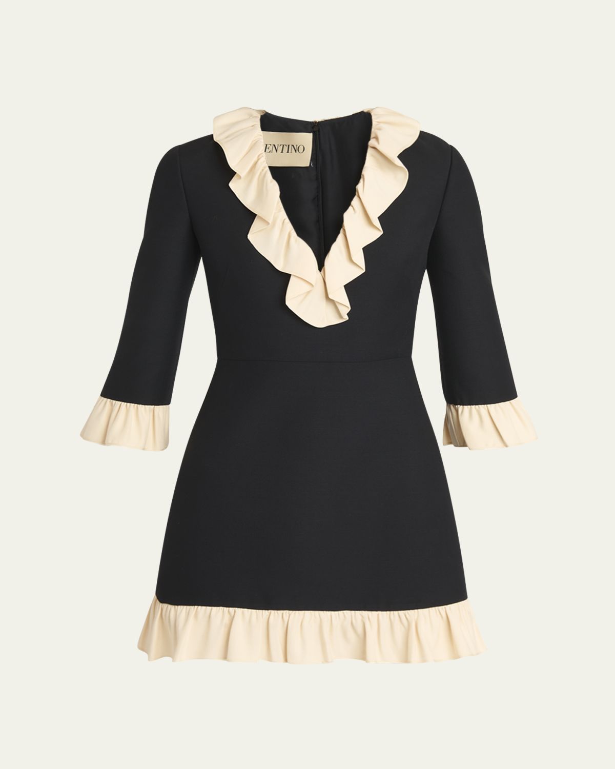 Valentino Garavani Ruffle V-Neck 3/4-Sleeve Mini Dress