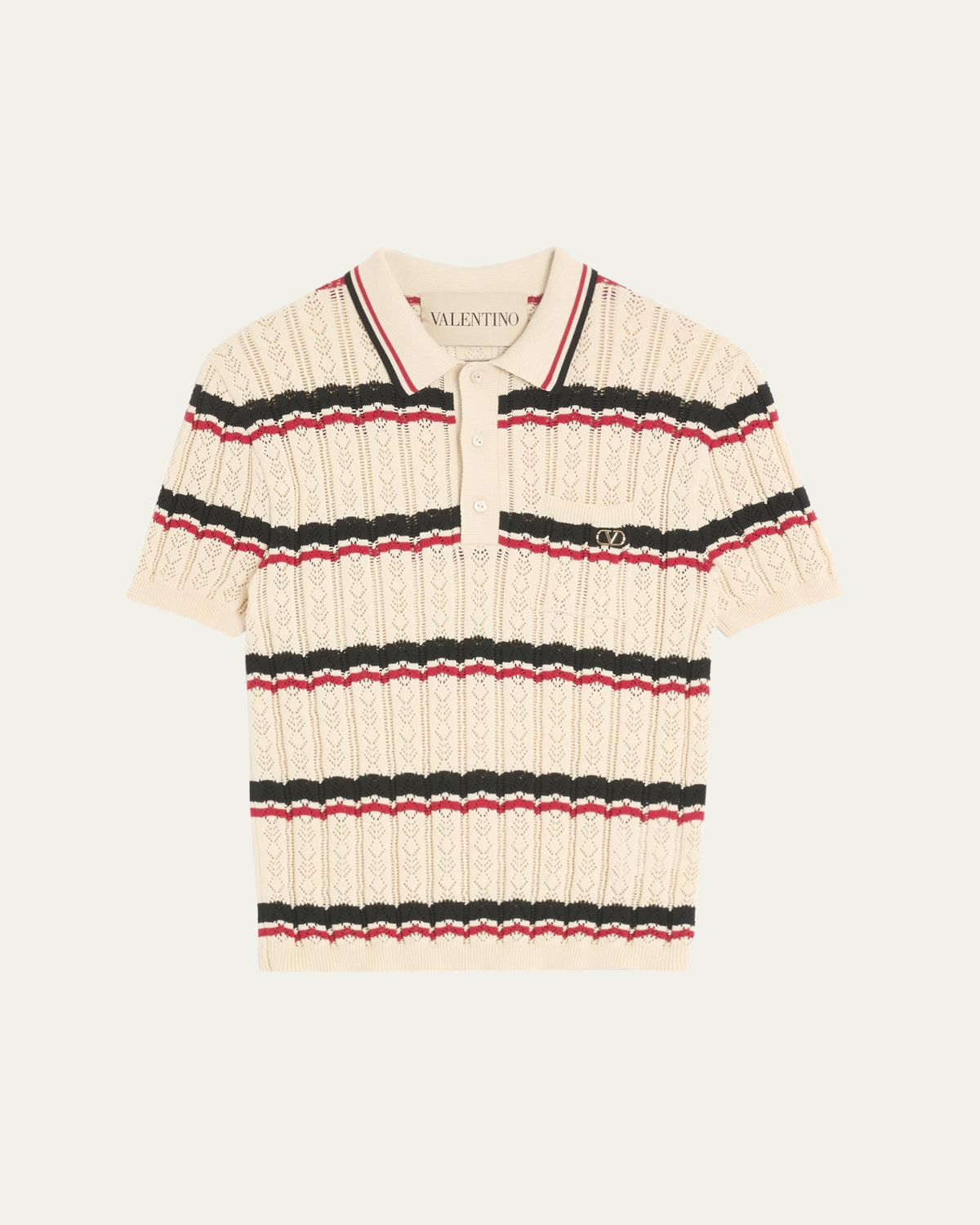 Valentino Garavani Men 's Stripe Cotton Eyelet VLogo-Pocket Polo Shirt