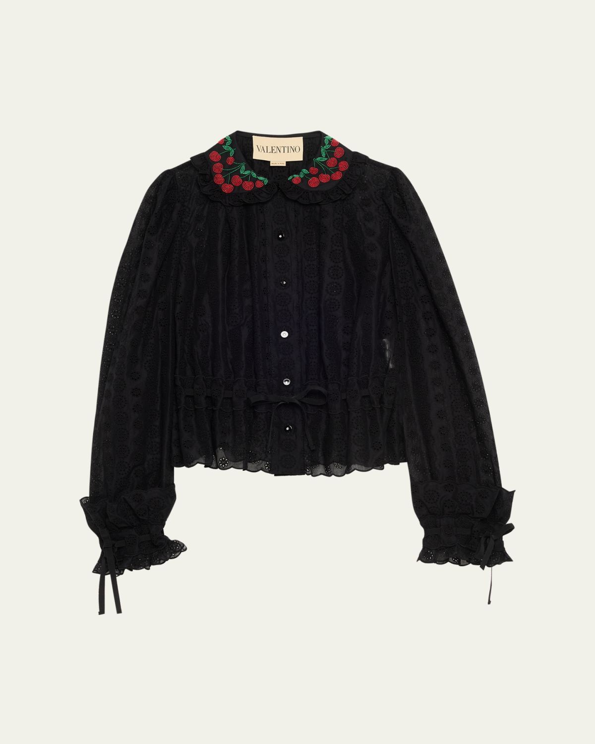 Valentino Garavani Cherry Embroidered Daisy Sangallo Self-Tie Blouse