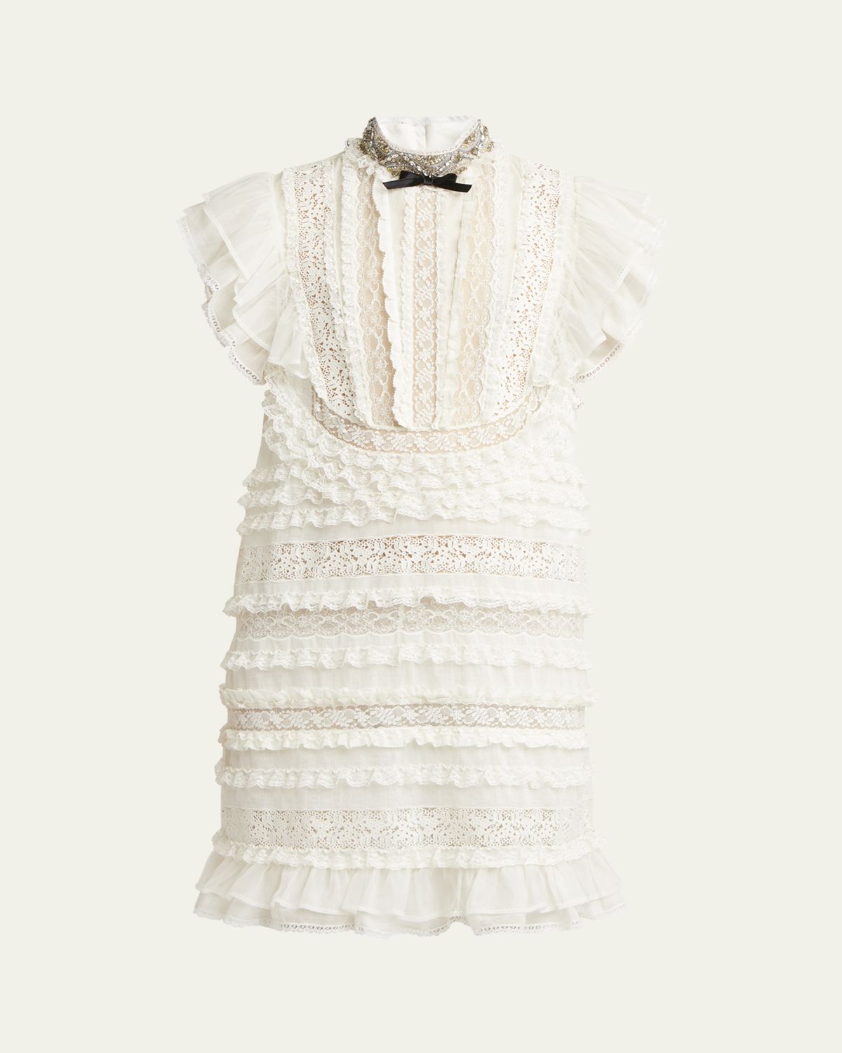 Valentino Garavani Crystal Neckline Ruffle Bow Linen Dress