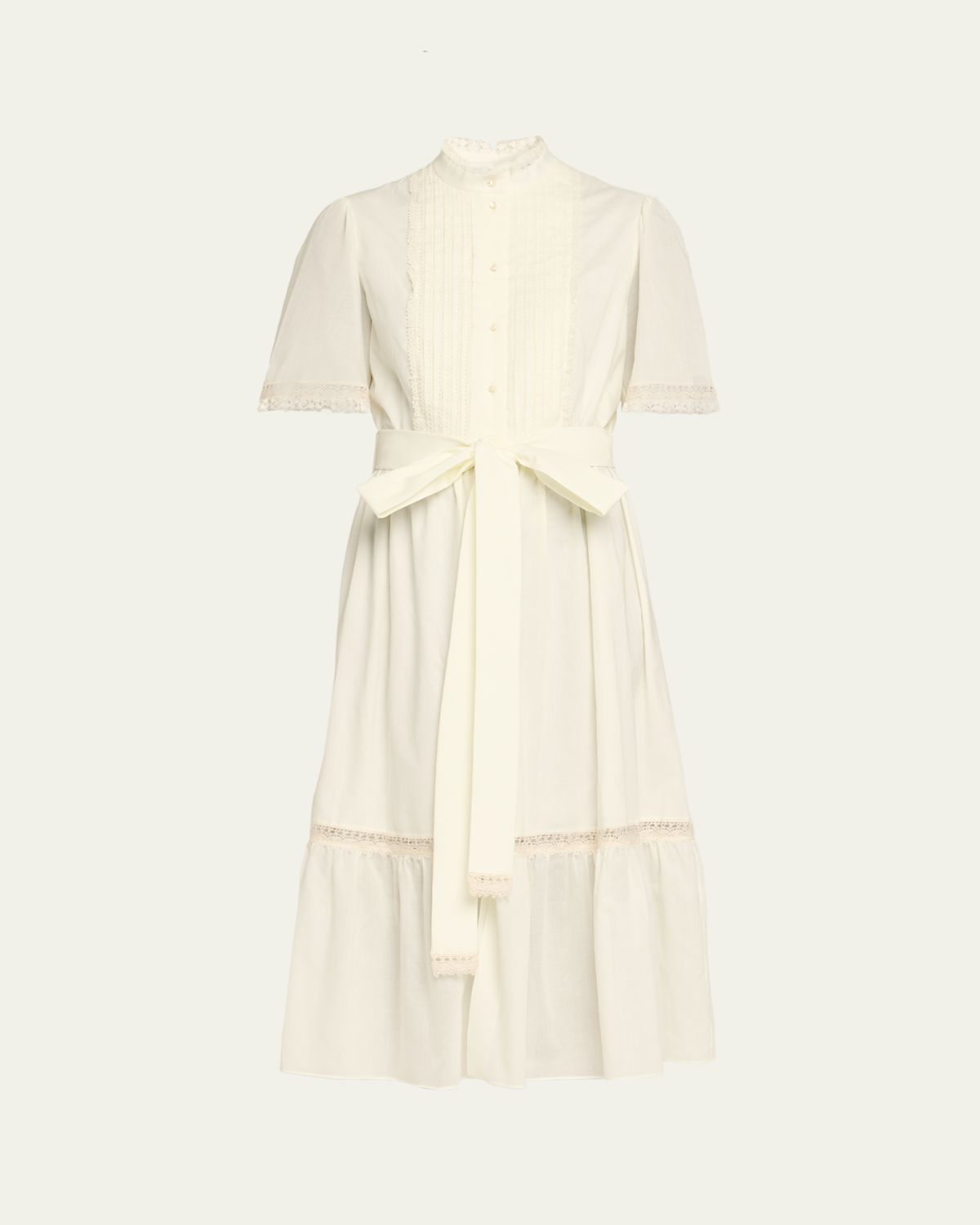 Valentino Garavani Short-Sleeve Belted Lace-Trim Shirtdress