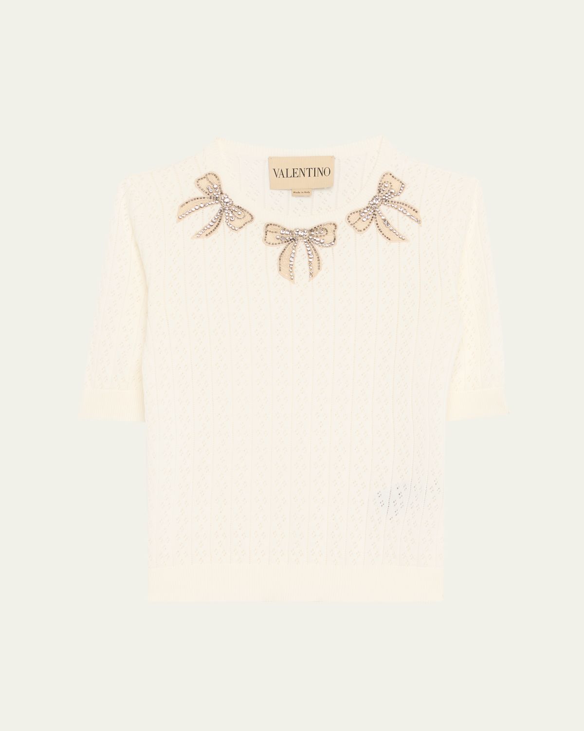 Valentino Garavani Crystal Bow Collar Short-Sleeve Pointelle Knit Top