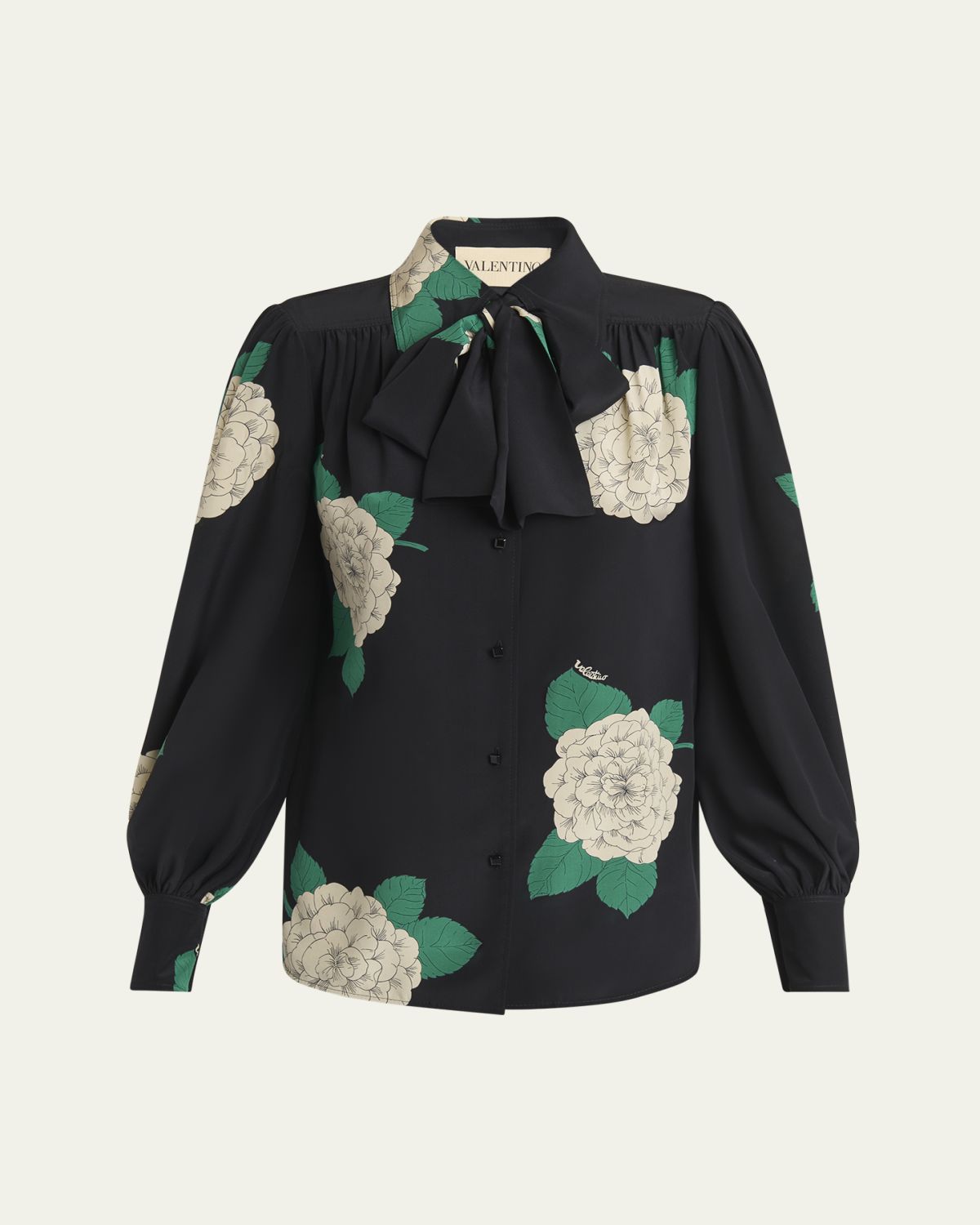 Valentino Garavani Floral Print Tie-Neck Silk Blouse
