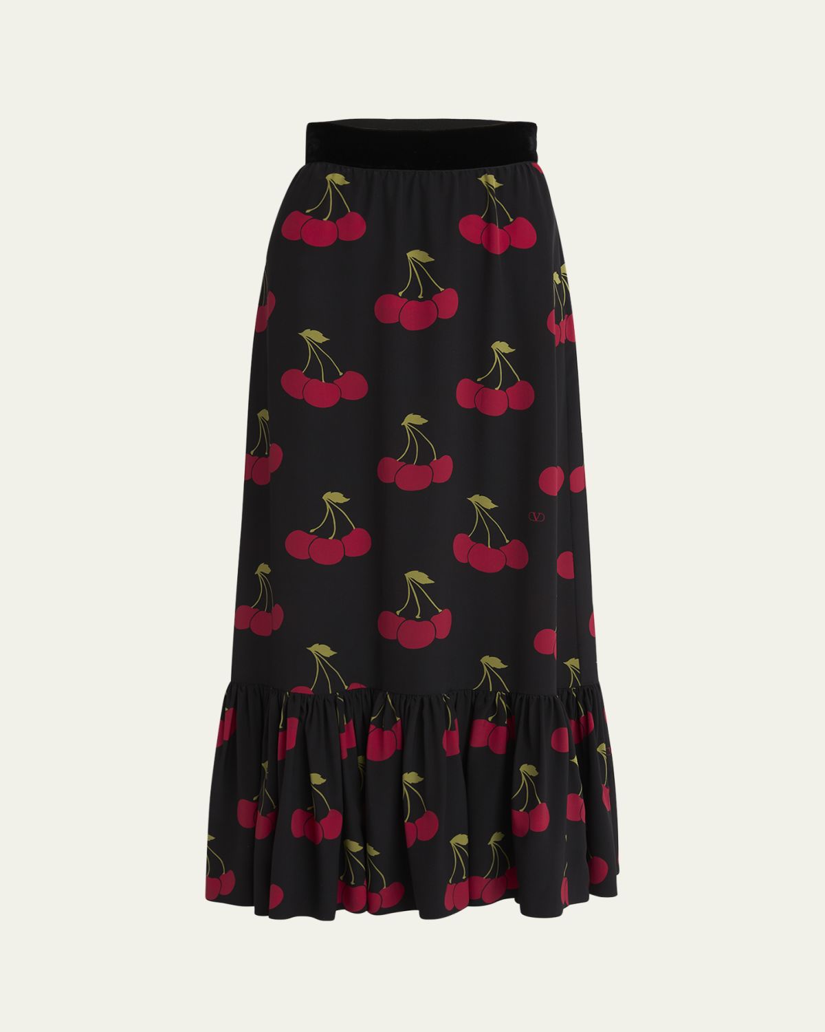 Valentino Garavani Cherry Print Flounce Silk Maxi Skirt