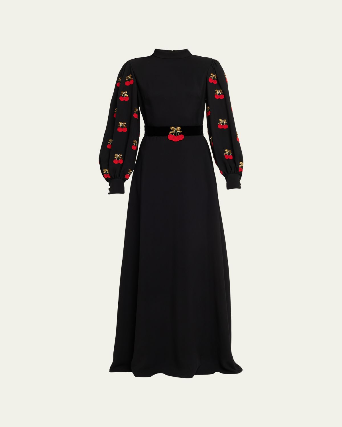 Valentino Garavani Cherry Embroidered Belted Puff-Sleeve Gown