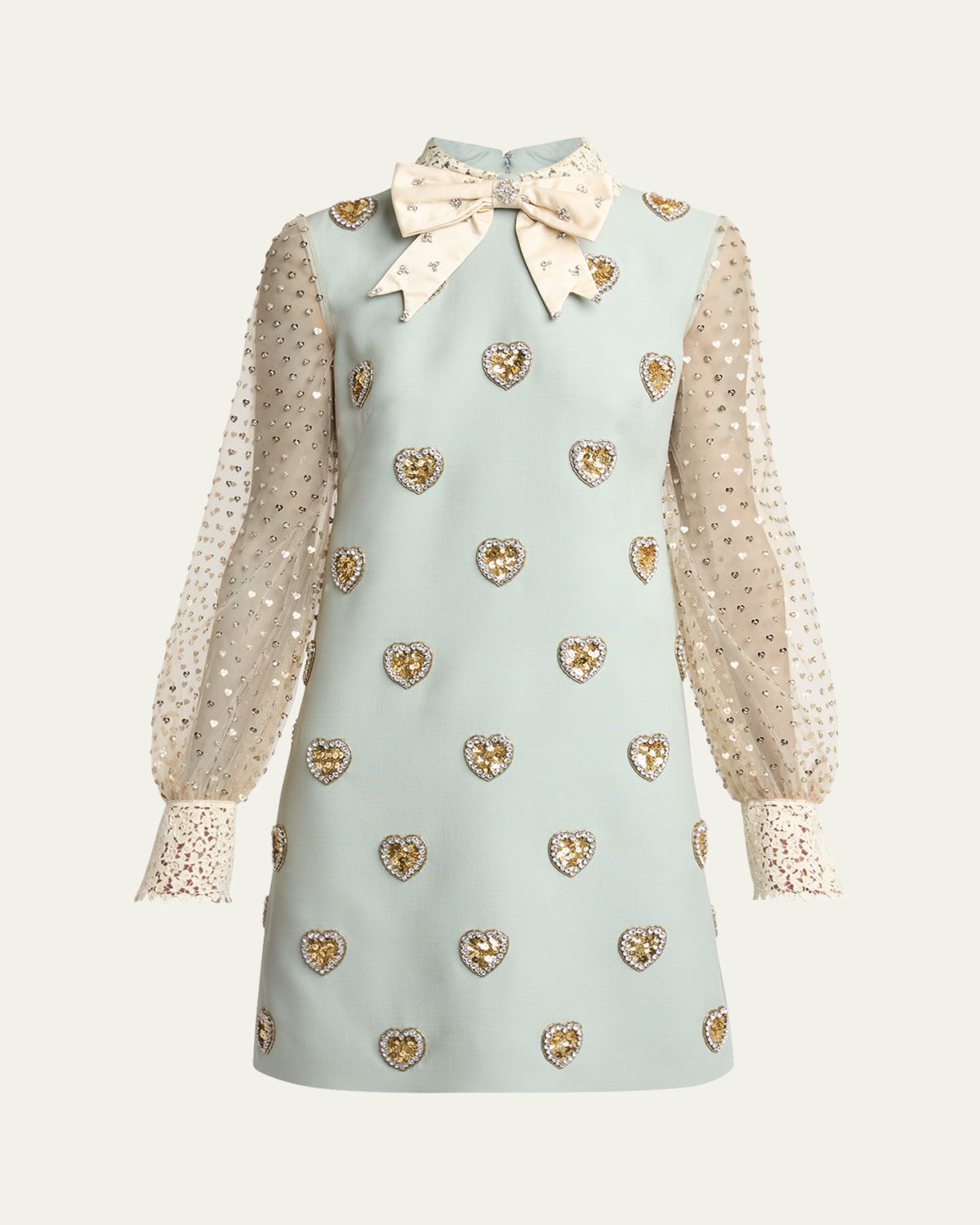 Valentino Garavani Bow Crystal Heart Sheer Sleeve Wool Mini Dress