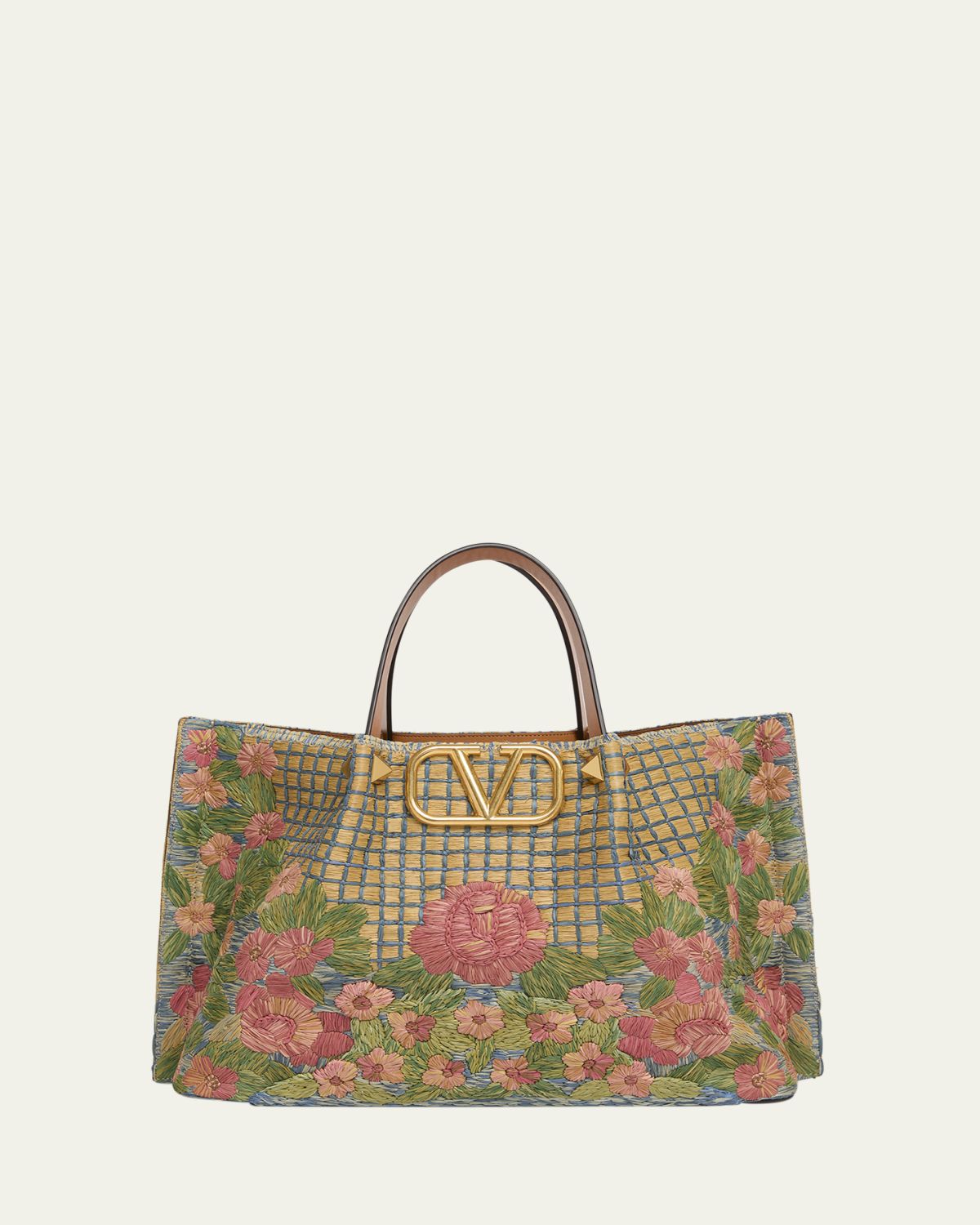 Valentino Garavani Floral-Embroidered Raffia Tote Bag