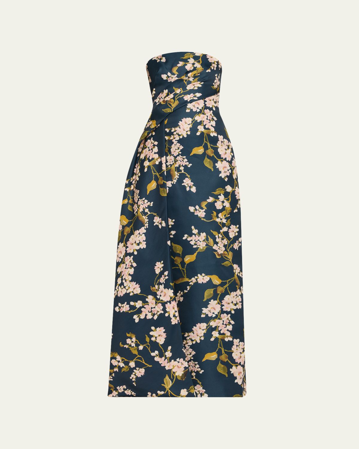 Monique Lhuillier Strapless Draped Wisteria Printed Gazar Gown