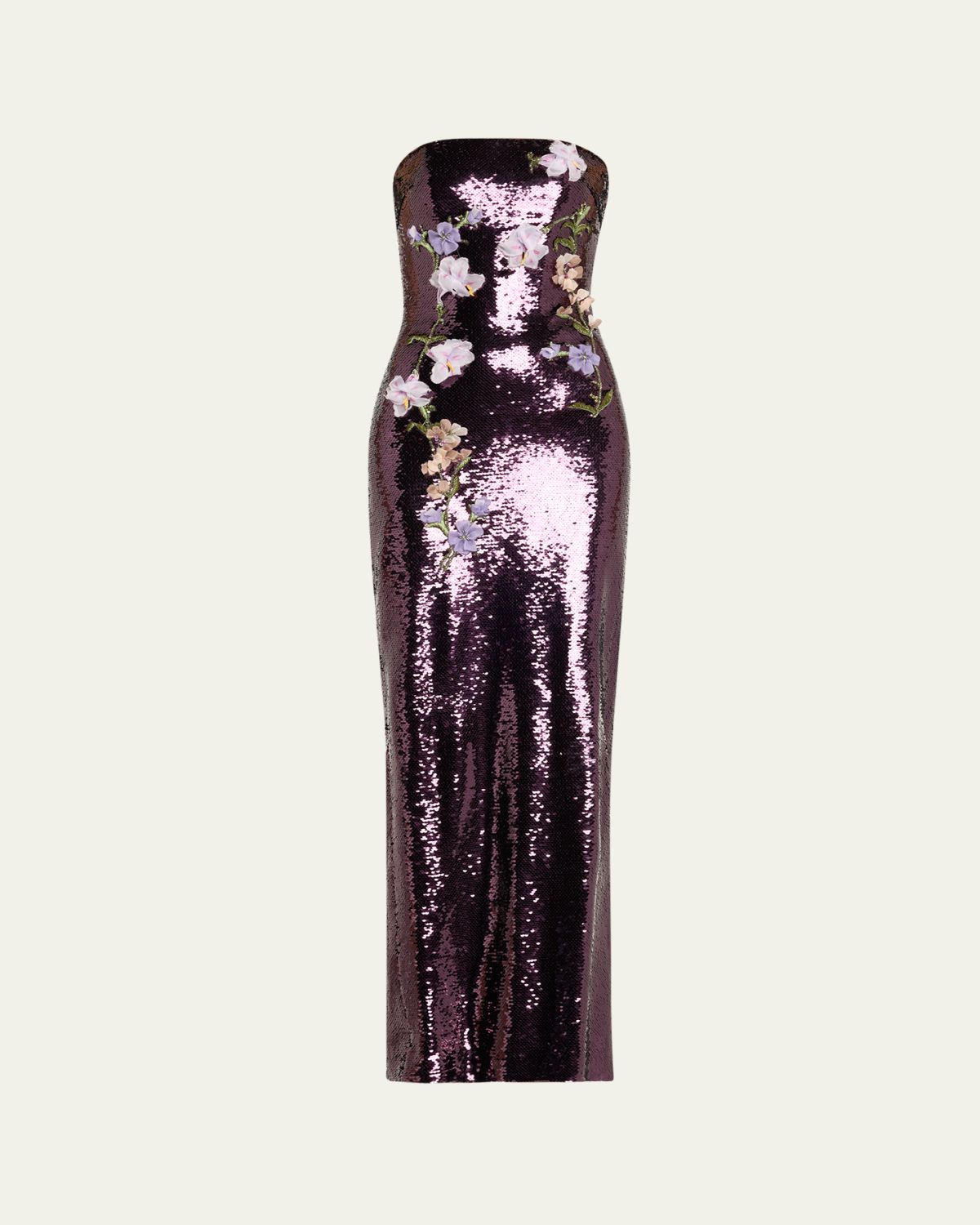 Monique Lhuillier Strapless Floral-Embroidered Sequin Column Gown