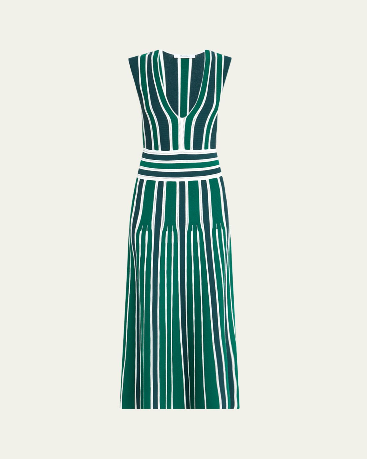 Max Mara Tallone Plunging Stripe Pleated Knit Midi Dress