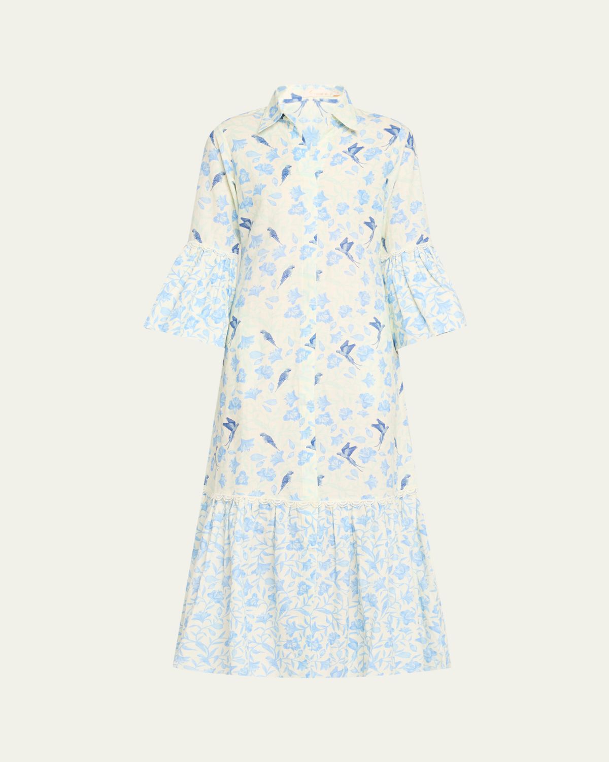 Verandah Floral Bird Linen-Cotton Midi Shirtdress
