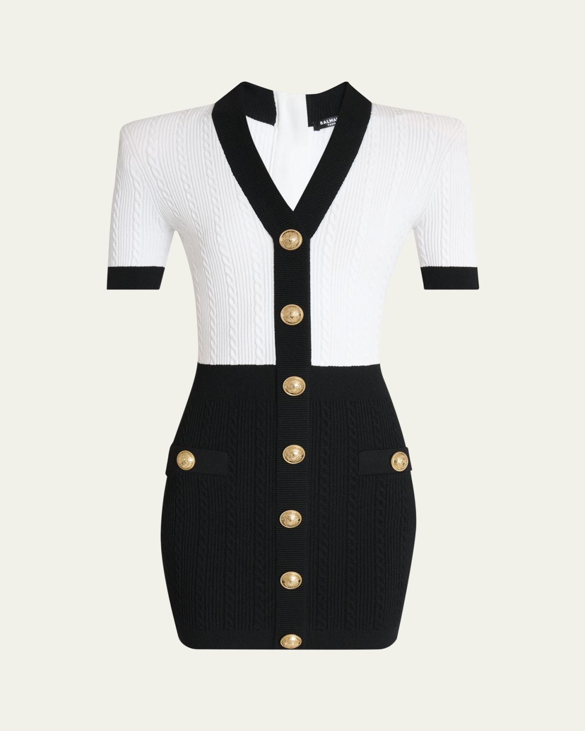 Balmain V-Neck Buttoned Strong-Shoulder Torsade Knit Mini Dress
