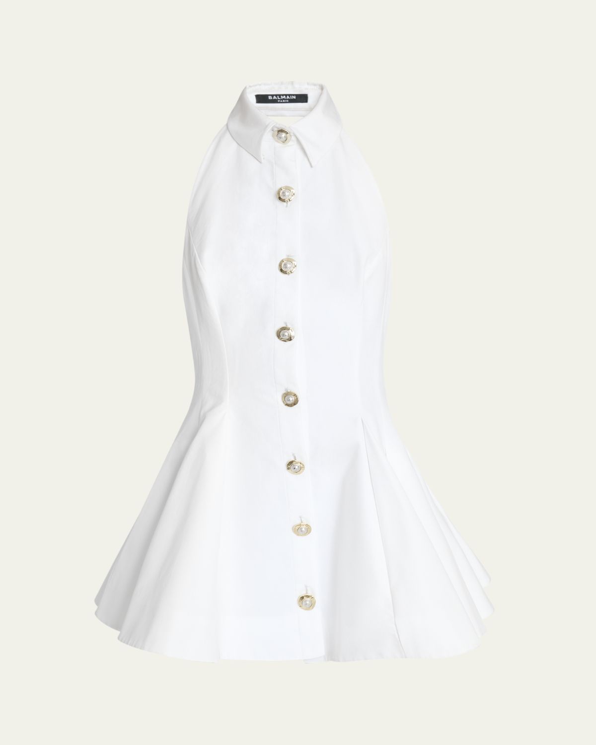 Balmain Halter Popeline Fit-&-Flare Mini Shirtdress