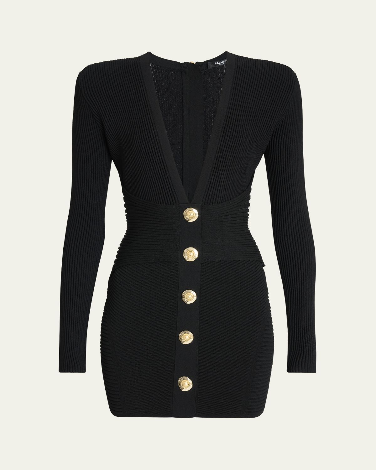 Balmain Buttoned Plunging Rib Knit Mini Dress