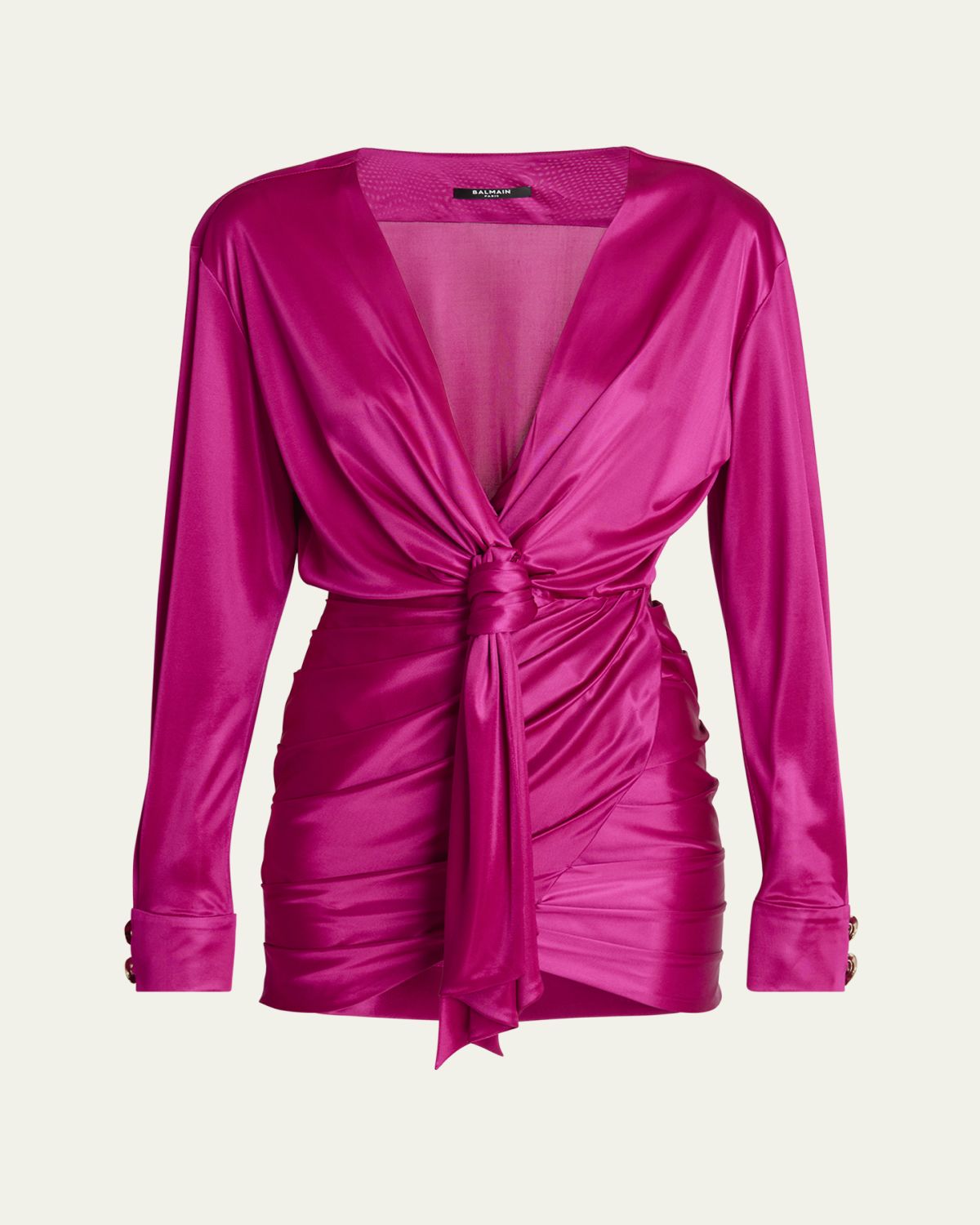 Balmain Knotted Draped Silk Mini Dress