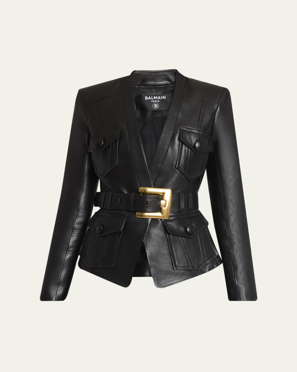 Balmain Belted Leather Fitted Jacket