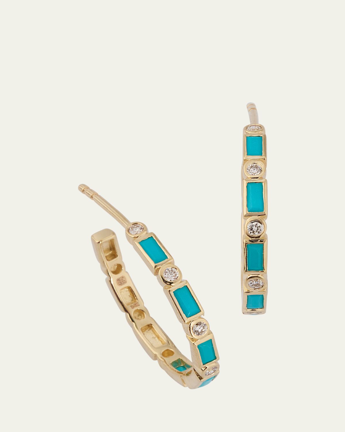 Sydney Evan 14K Gold Baguette Turquoise and Round Diamond Hoop Earrings