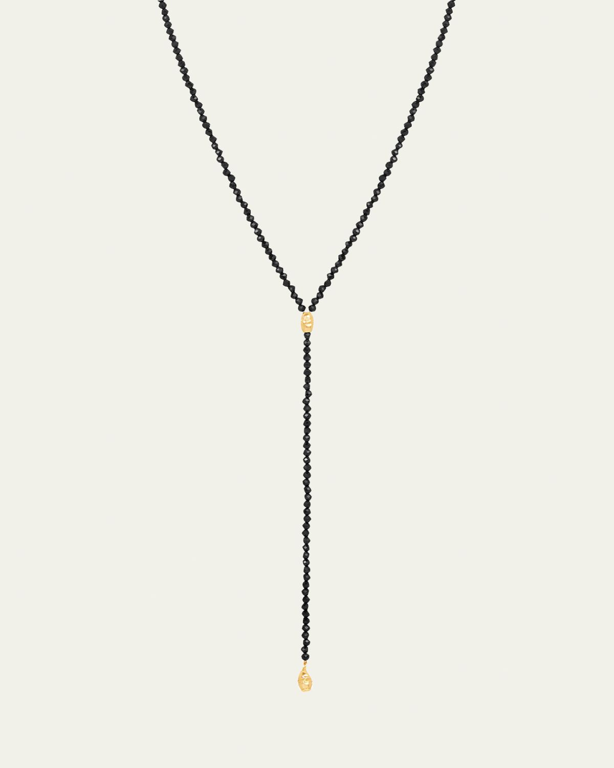 KAREN LAZAR Micro Faceted Black Spinel Lariat Necklace with 14K Gold Filled Textured Orzo Beads