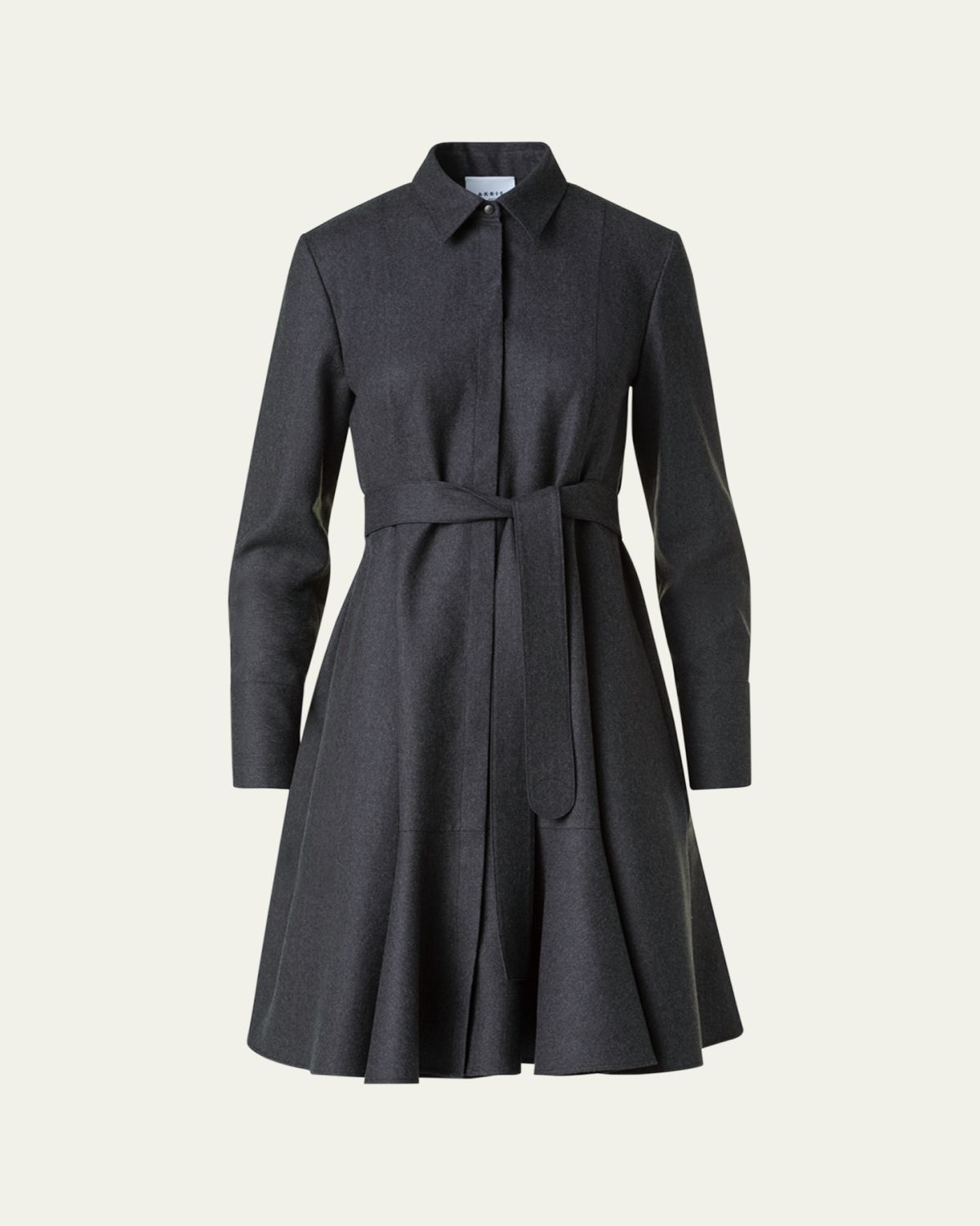 Akris punto Long-Sleeve Belted Wool Flannel Shirtdress