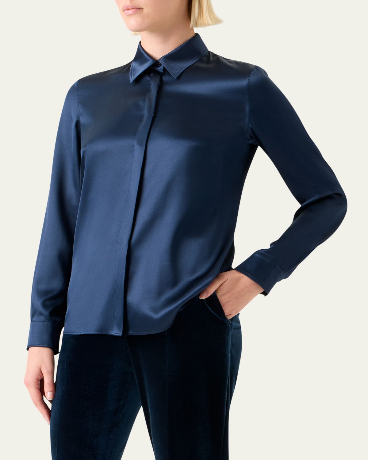 Akris Stretch Silk Satin Button-Down Blouse | Thumbnail 4