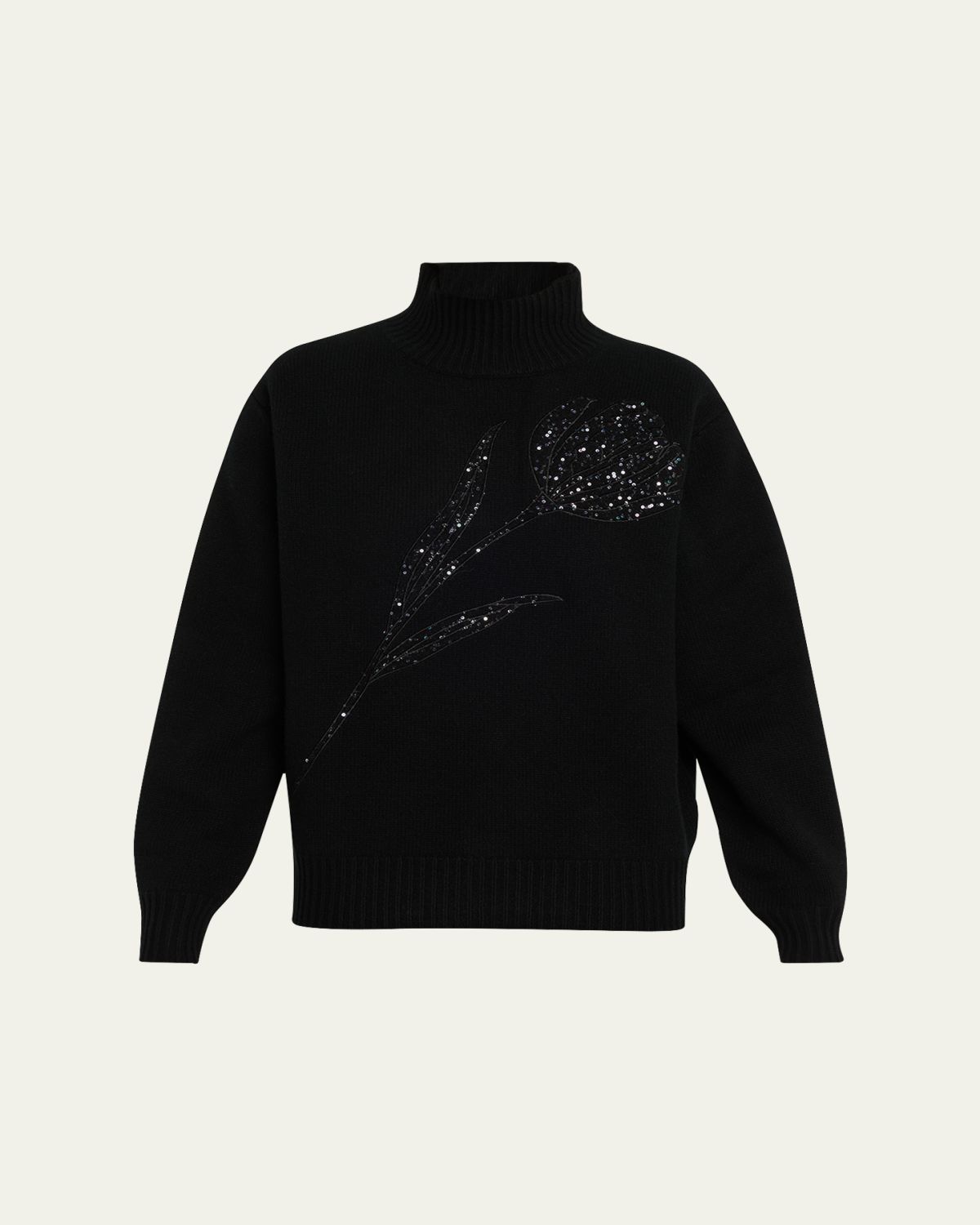 Carolina Herrera Turtleneck Paillette Rose Wool-Cashmere Sweater