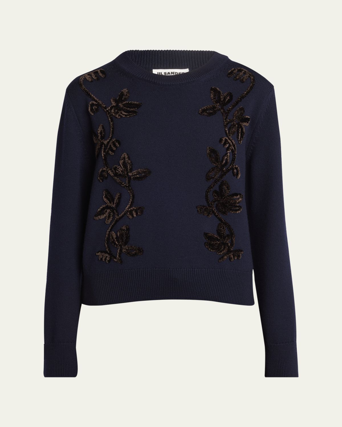 Jil Sander Velvet Floral Embroidered Merino Crewneck Sweater