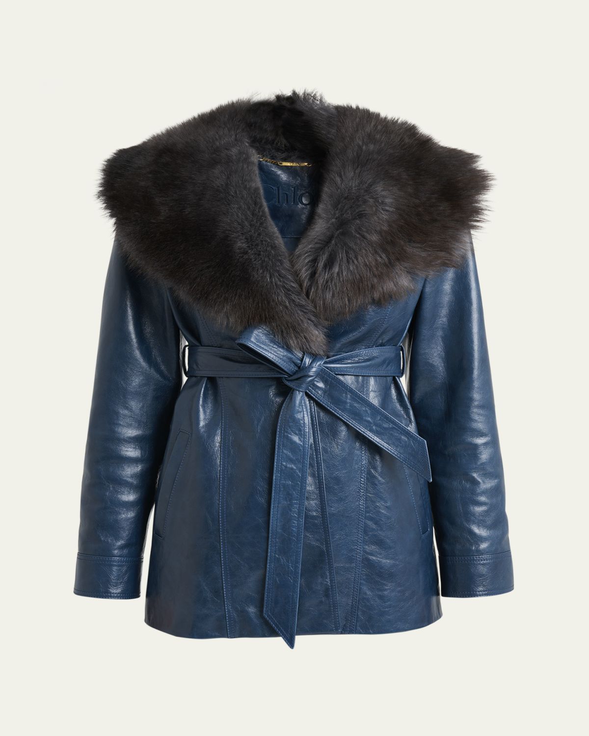 Chloe Lamb Shearling Collar Shiny Leather Short Wrap Coat