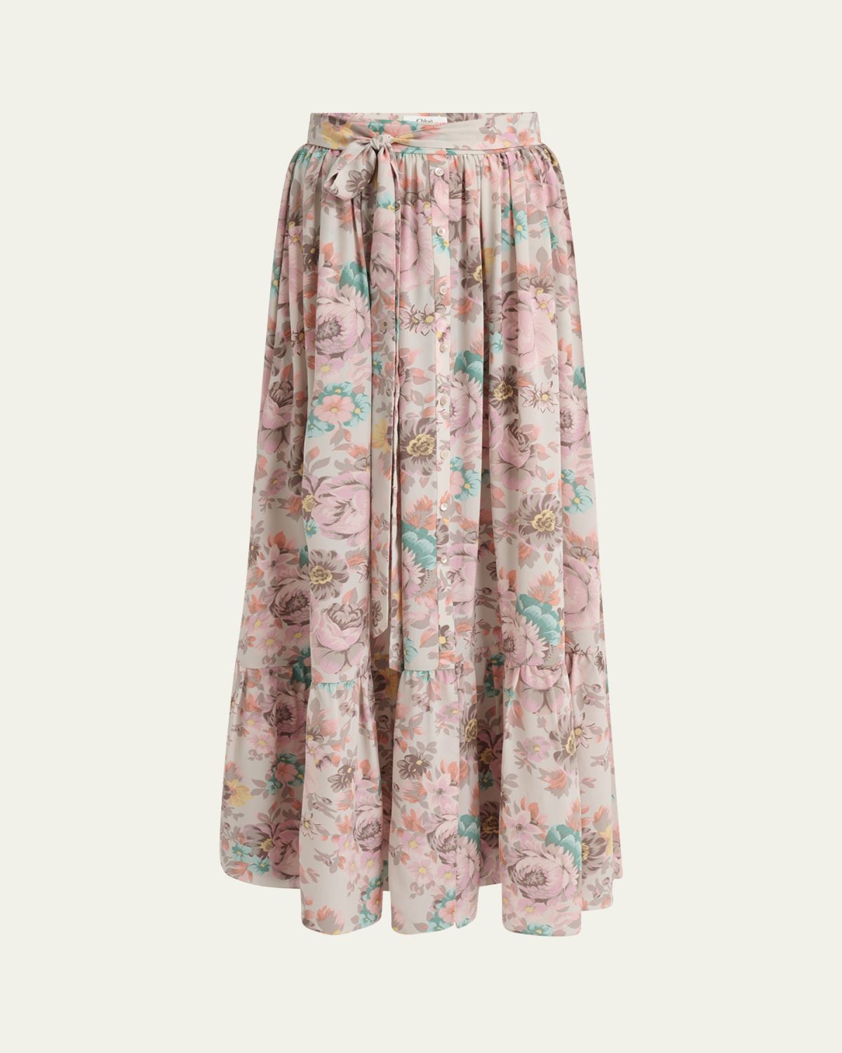 Chloé Belted Floral-Print Silk Maxi Skirt