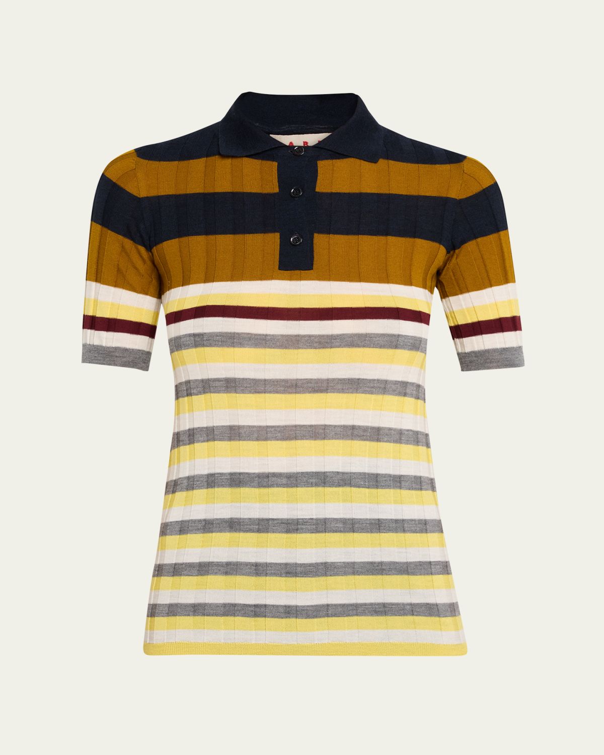 Marni Striped Short-Sleeve Wide Rib Polo Sweater