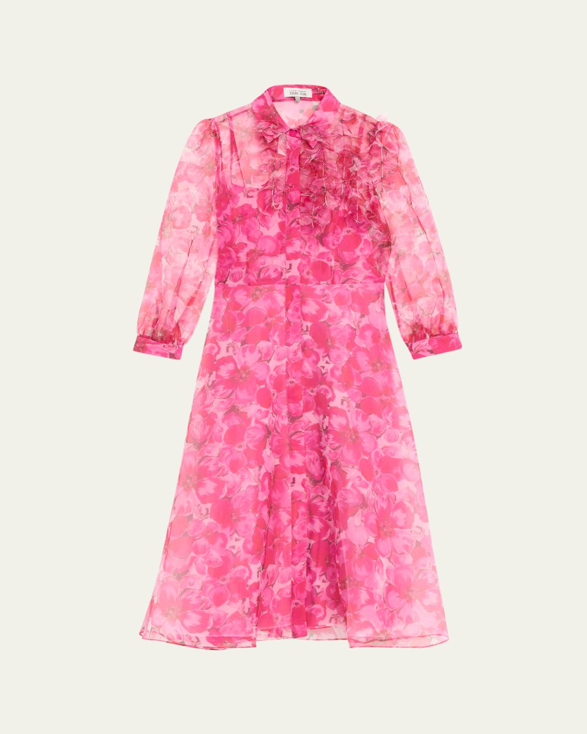 Rickie Freeman for Teri Jon Floral-Print Organza Midi Shirtdress