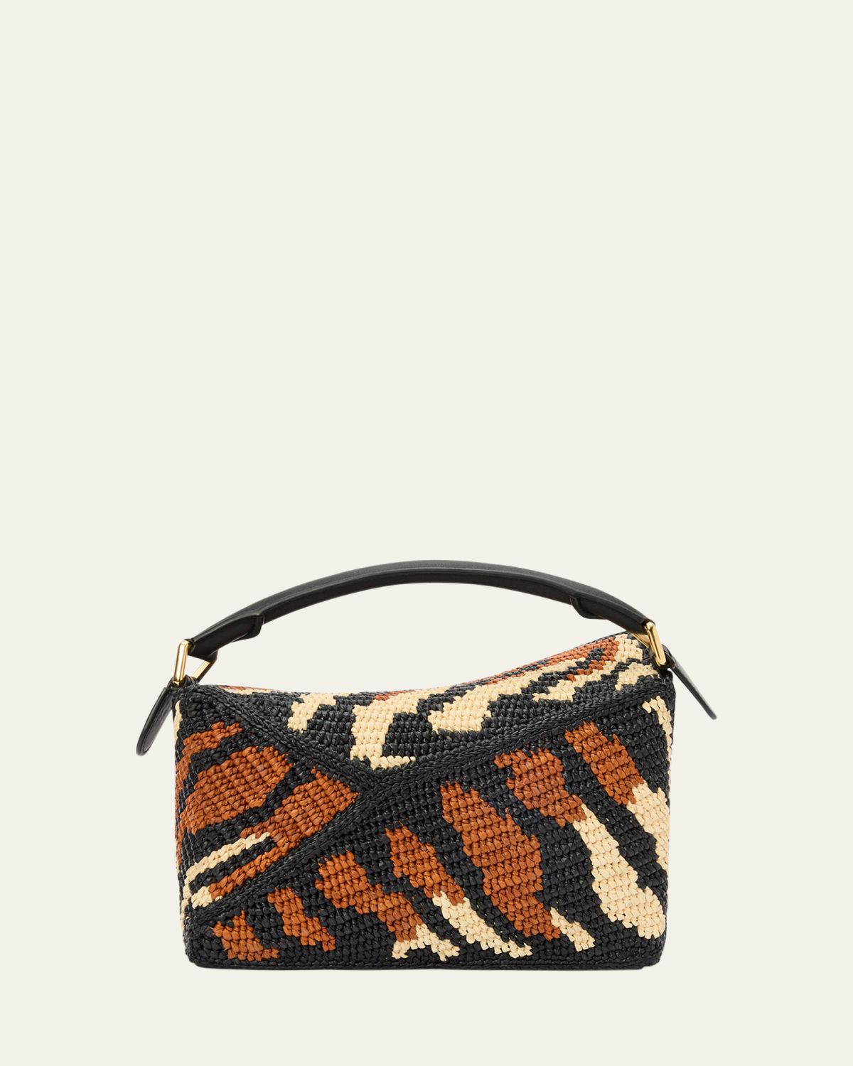Loewe Puzzle Edge Small Top-Handle Bag in Raffia and Leather