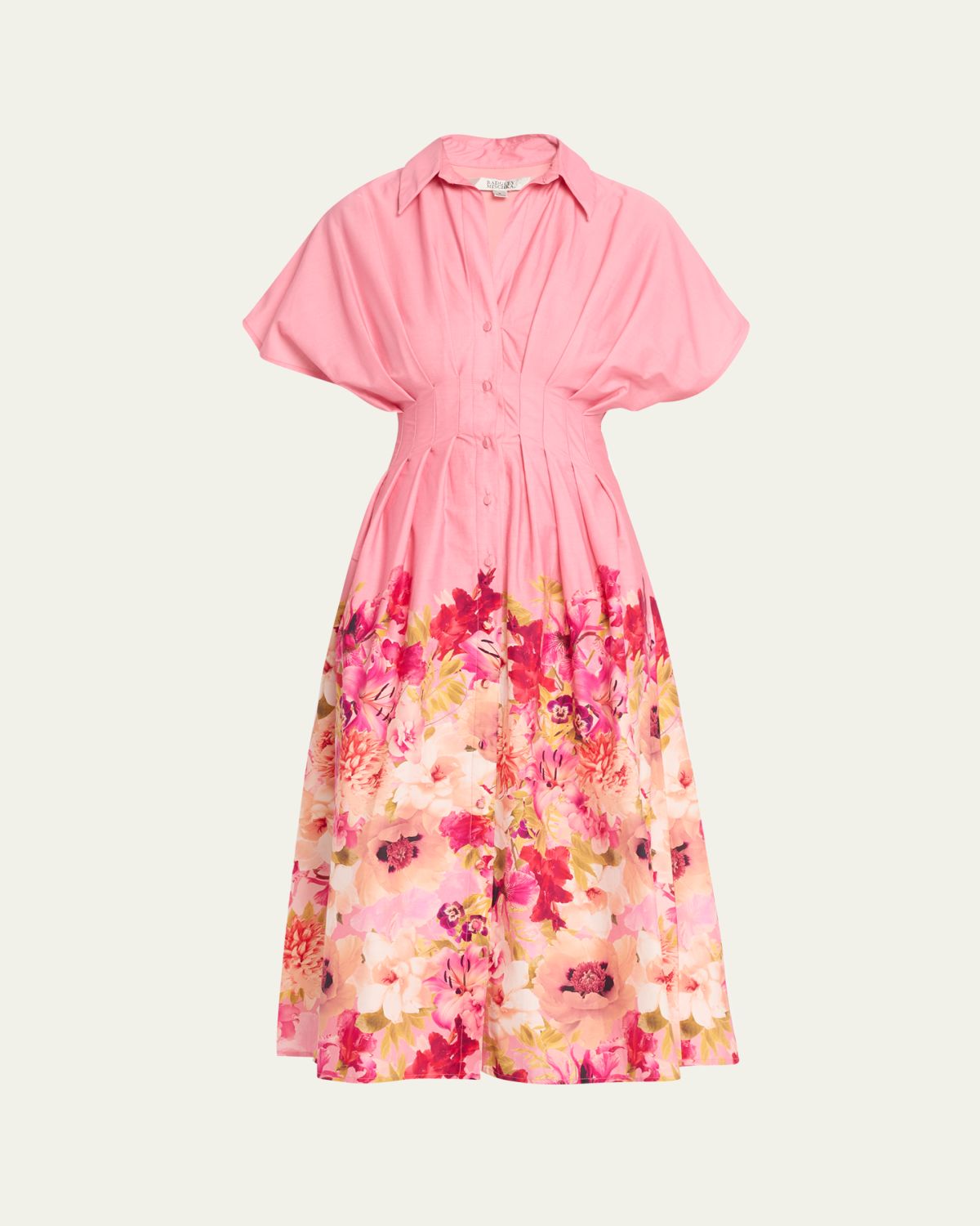 Badgley Mischka Pleated Floral-Print Midi Shirtdress