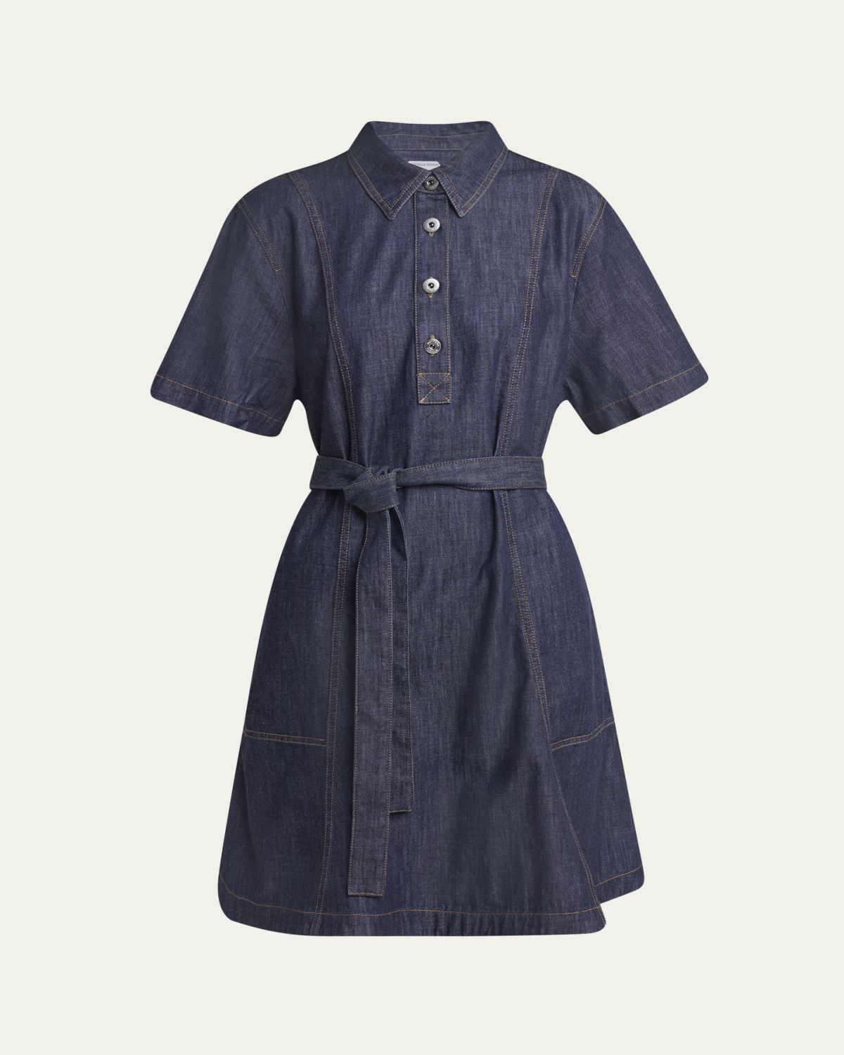 Bottega Veneta Short-Sleeve Belted Denim Shirtdress