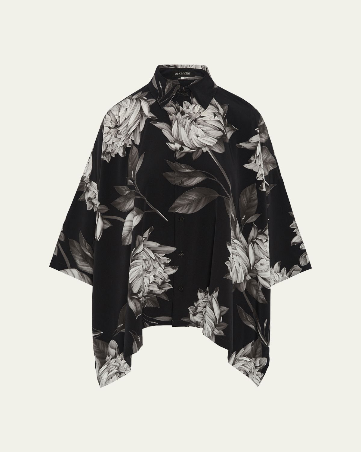 Eskandar Large Peony Silk Print Short-Sleeve Shirt With Collar (Mid Plus Length)