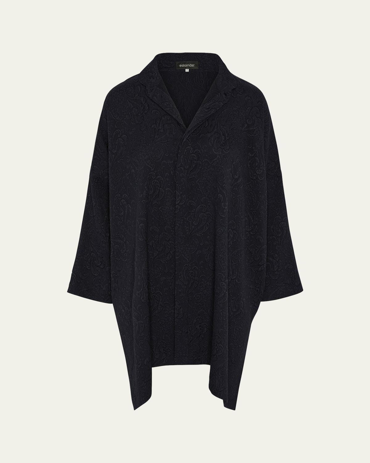 Eskandar Damask Cloque Wide Longer-Back Double Stand-Collar Shirt With Slits (Very Long Length)