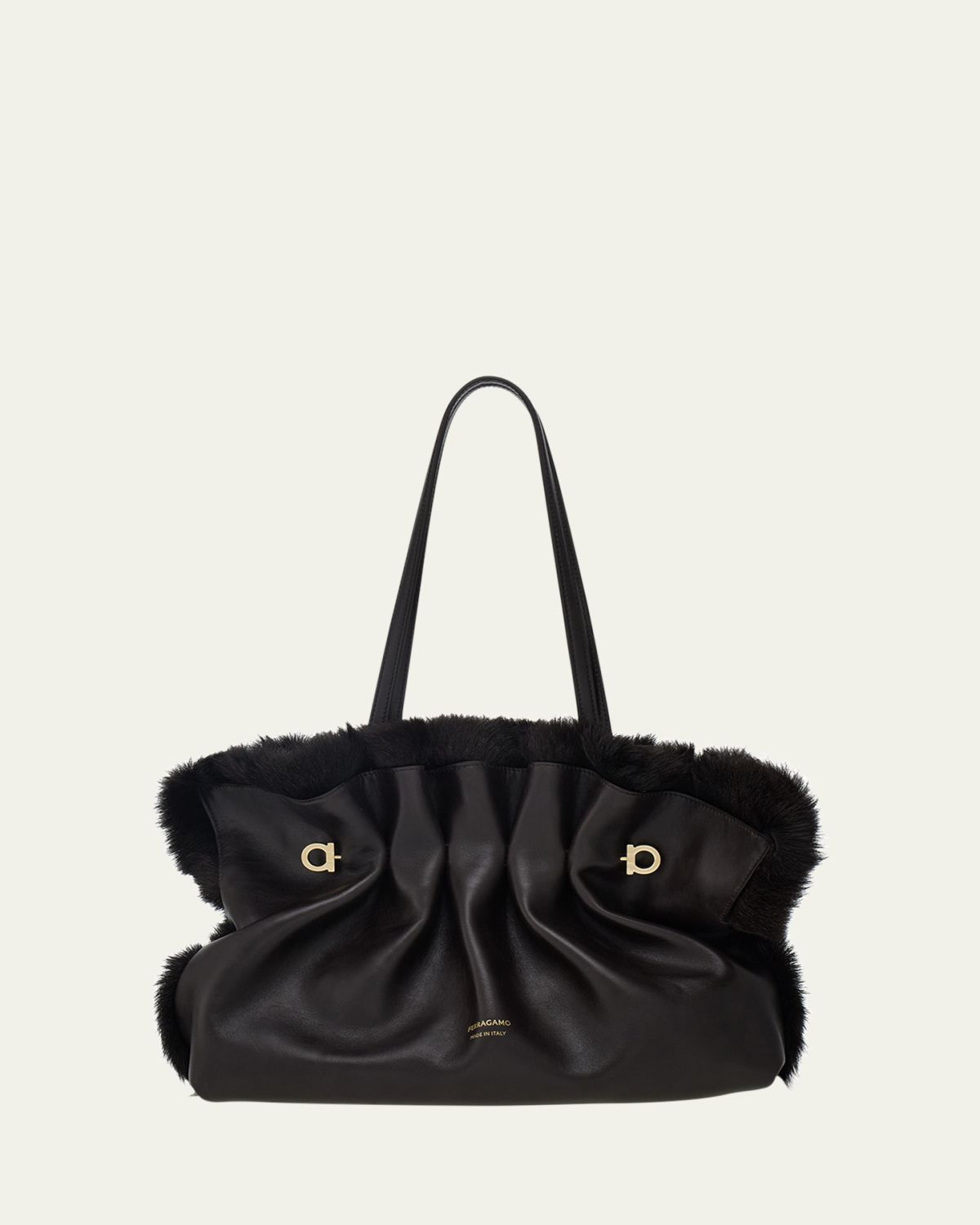 Ferragamo Medium Gancio Piercing Shoulder Bag with Fur Trim
