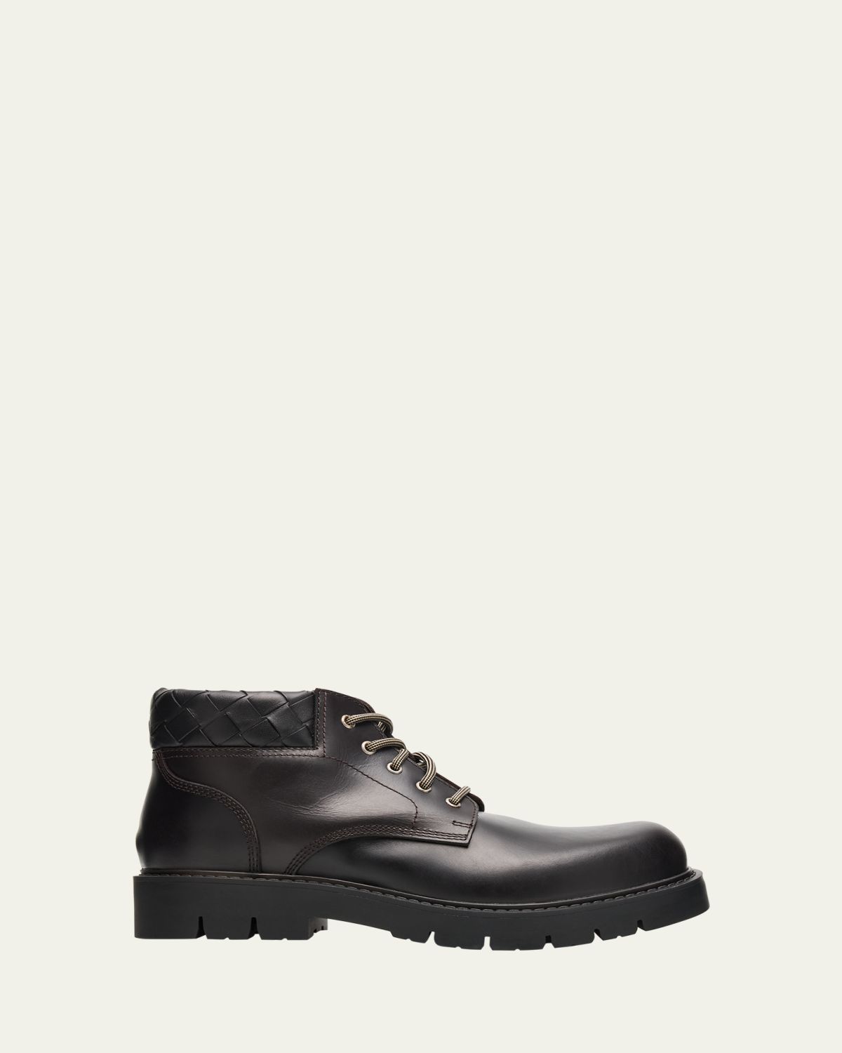 Bottega Veneta Men's Haddock Intrecciato-Collar Leather Lace-Up Boots