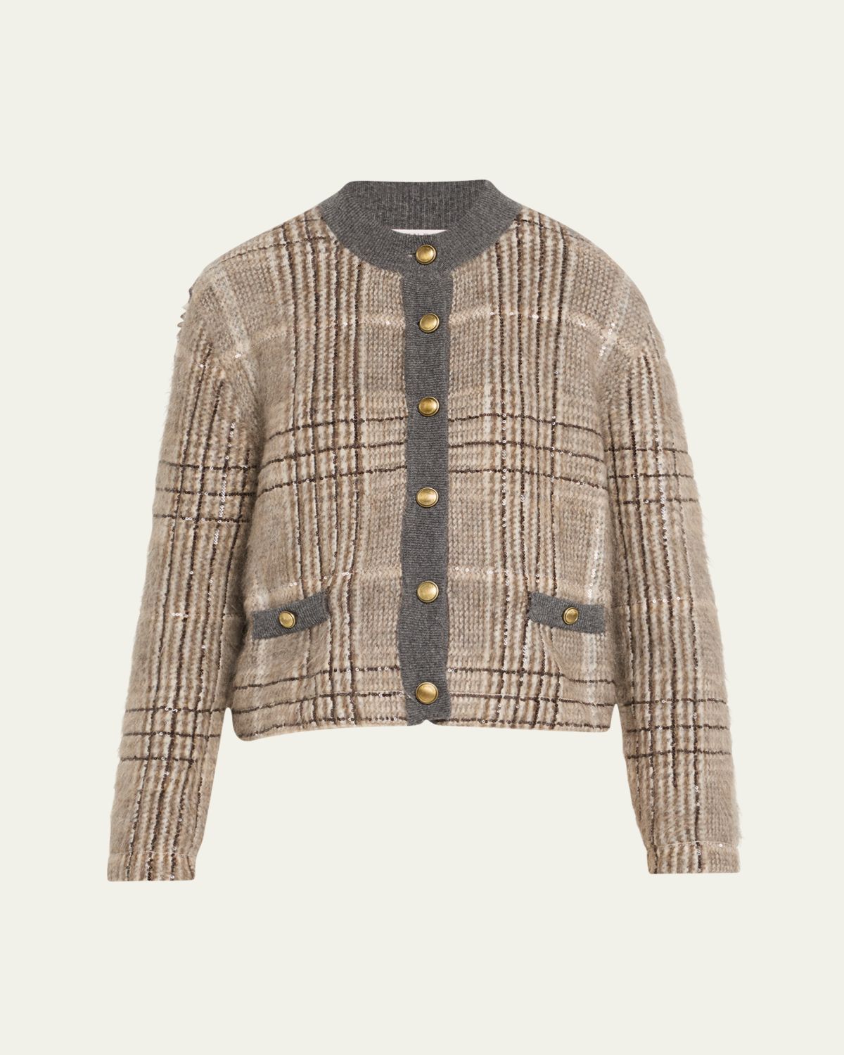 Brunello Cucinelli Cashmere-Mohair Paillette Check Jacquard Cardigan