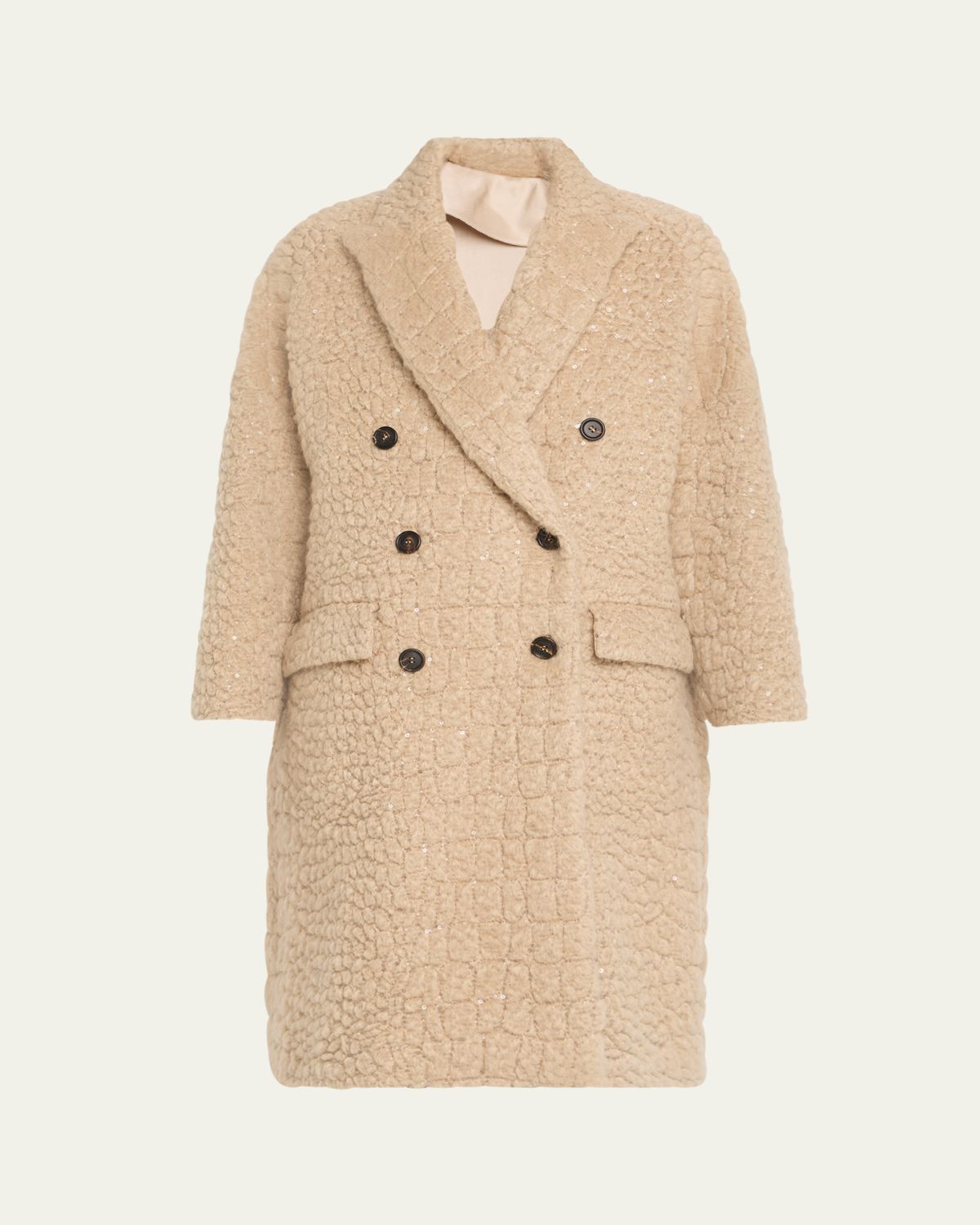 Brunello Cucinelli Paillette Crocco-Effect Mohair Double-Breasted Overcoat