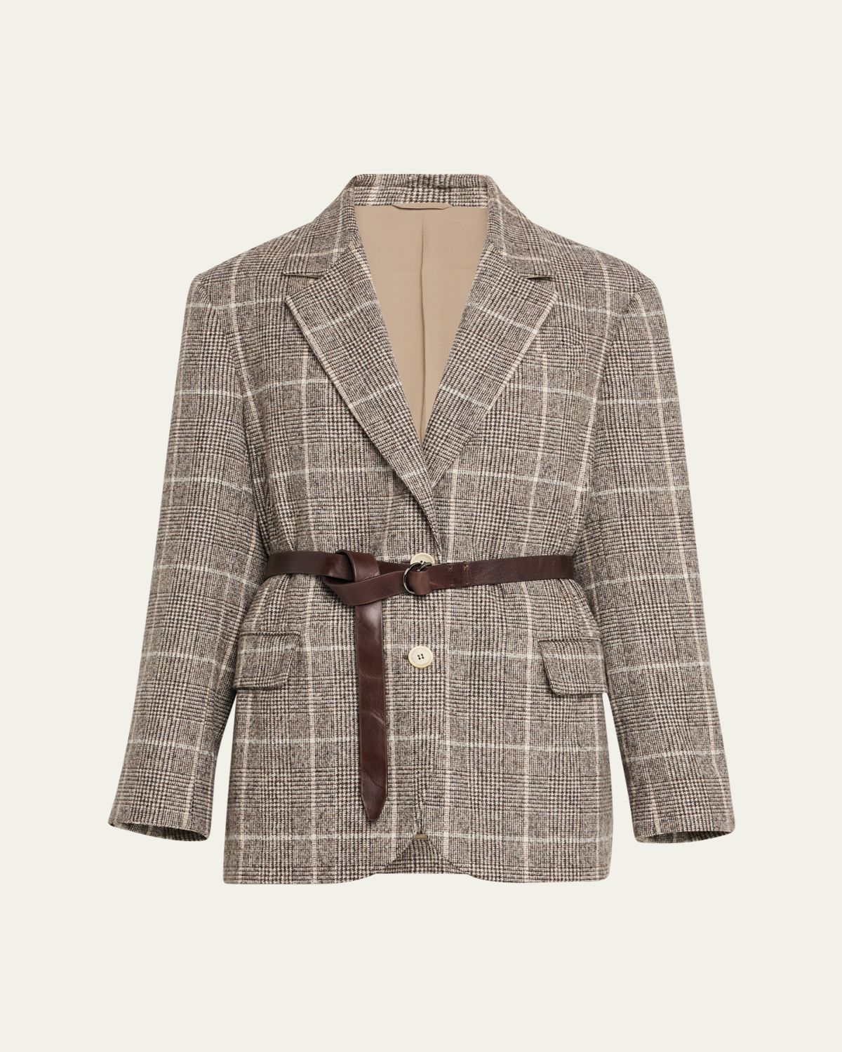 Brunello Cucinelli Belted Wool Alpaca Check Blazer