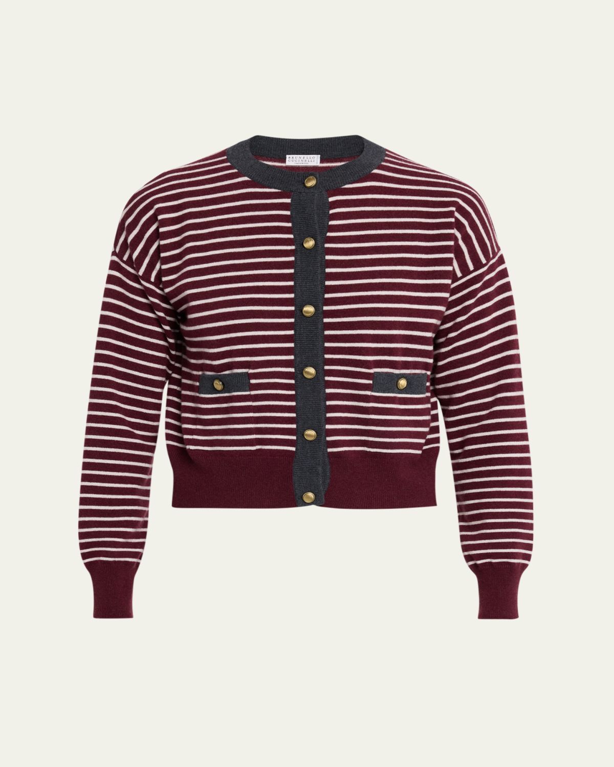 Brunello Cucinelli Striped Wool-Cashmere Crewneck Cardigan