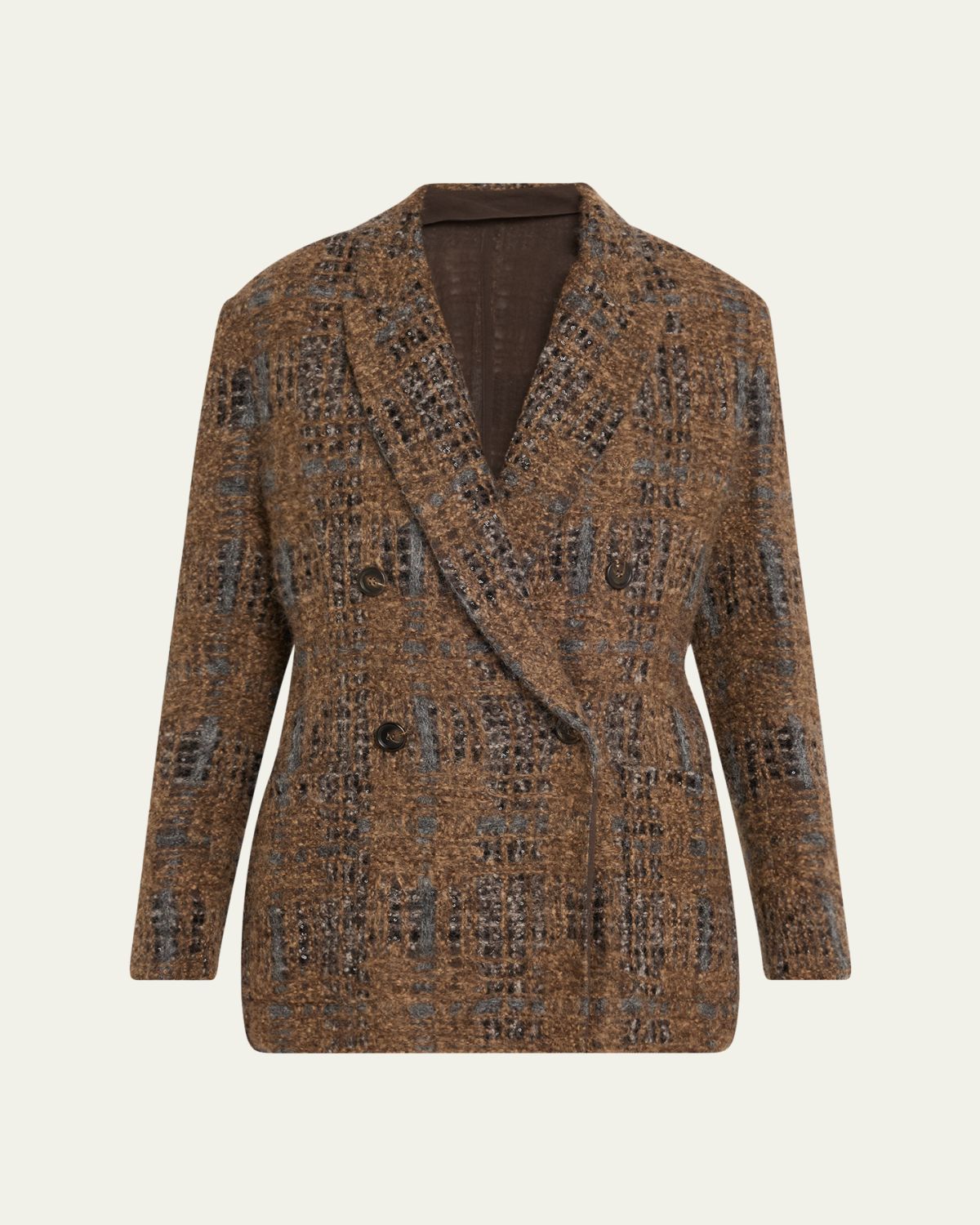 Brunello Cucinelli Tartan Organza Paillette Knit Double-Breasted Blazer