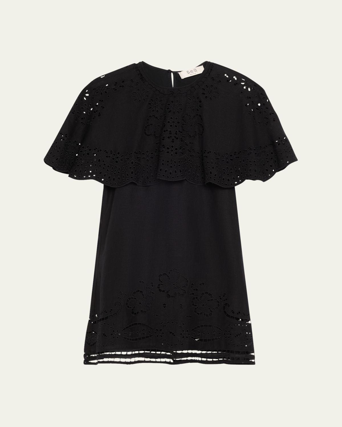 Sea Lula Embroidered Cape-Sleeve Mini Dress