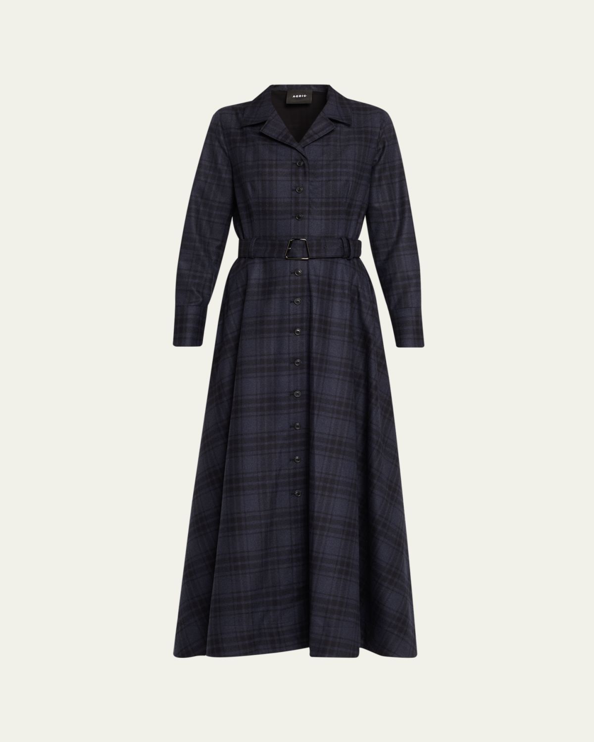 Akris Flannel Plaid Belted Long-Sleeve Maxi Shirtdress