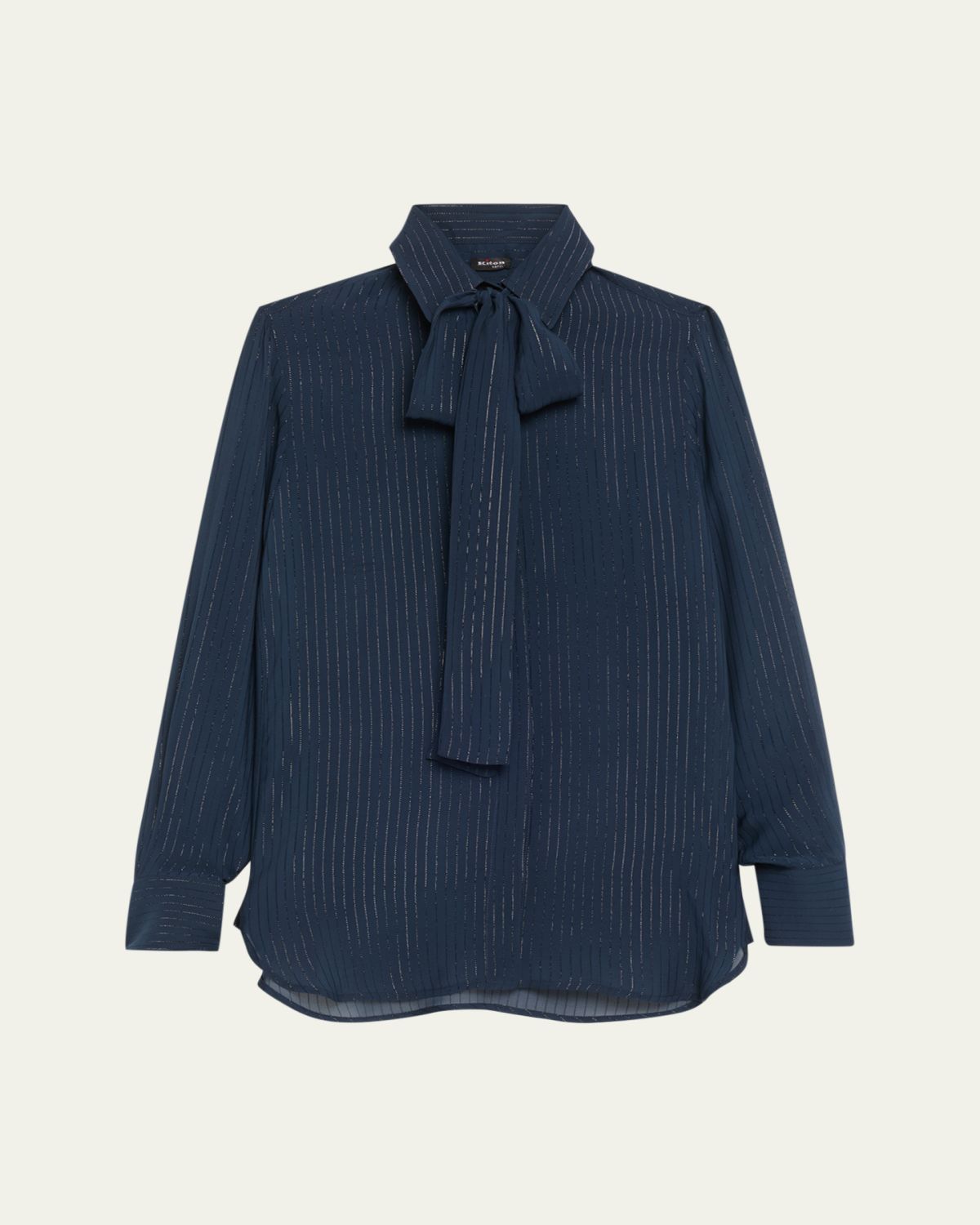 Kiton Metallic Pinstripe Silk Neck-Tie Blouse