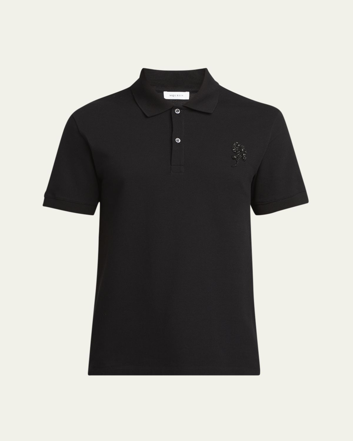 McQueen Men's Short-Sleeve Beaded Rose Piqué Polo Shirt